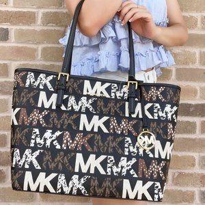 Michael Kors Jet Set Travel Medium Carryall Tote Black Graphic MK Logo Multi
